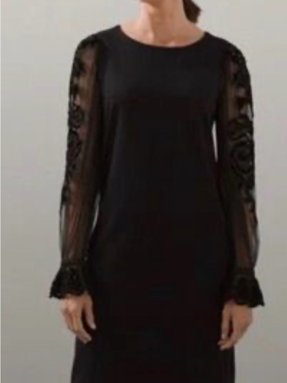 Chicos Velvet Applique sheerSleeve Dress Womens 14 Black Cocktail LBD Whimsigoth